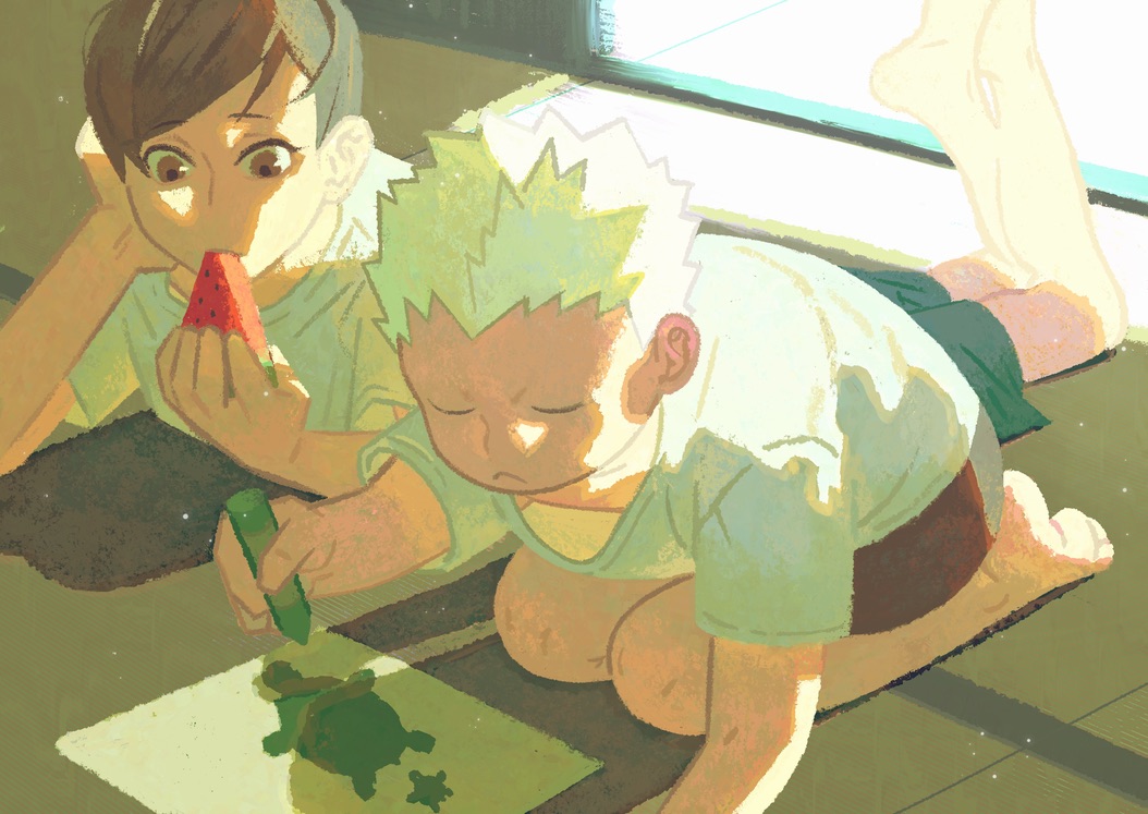 2boys, :<, bare_arms, bare_legs, barefoot, blue_shorts, brown_eyes, brown_hair