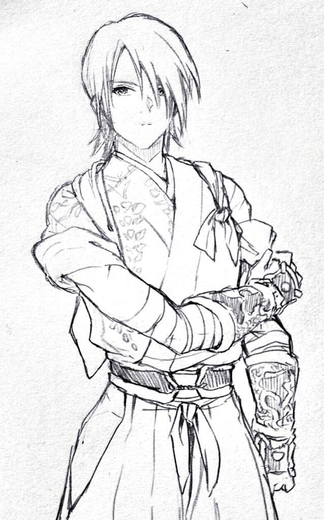 1boy, closed_mouth, greyscale, inugami_kurando, japanese_clothes, looking_at_viewer, male_focus, monochrome