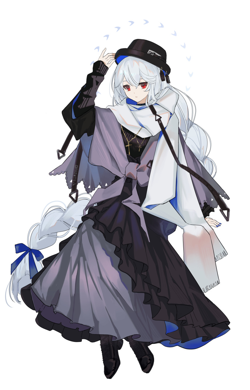 1girl, arknights, black_dress, black_footwear, black_headwear, blue_ribbon, braid, capotain
