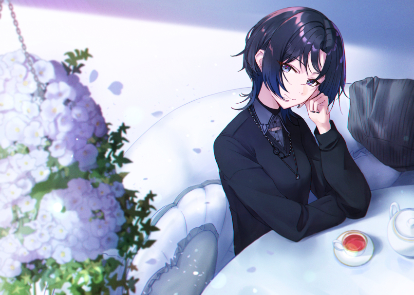 1girl, black_nails, black_shirt, blue_eyes, blue_hair, collared_shirt, cup, grey_jacket