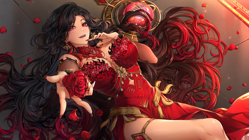 1girl, absurdres, armillary_sphere, black_hair, breasts, collar, dark-skinned_female, dark_skin