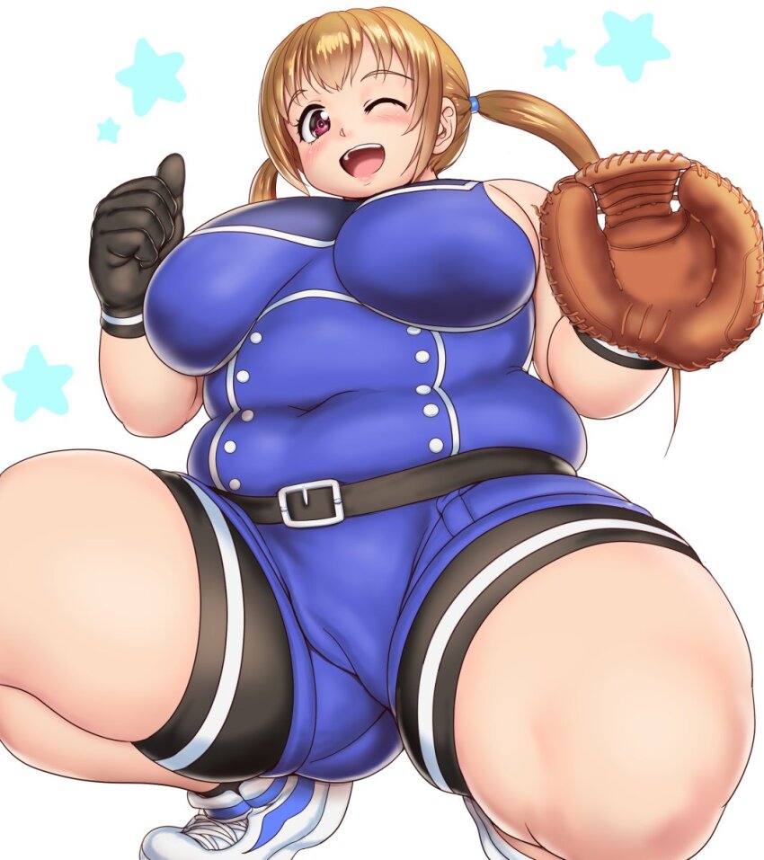 1girl, baseball_glove, belt, blush, breasts, cinderella_series, clenched_hand, commentary_request, covered_navel, fat, fat_woman, feet_out_of_frame, hachigatsu_no_cinderella_nine, highres, kazamatsuri_serina, large_breasts, light_brown_hair, long_hair, looking_at_viewer, muffin_top, one_eye_closed, open_mouth, orizen, plump, red_eyes, shoes, shorts, sneakers, solo, squatting, star_(symbol), star_symbol_background, tareme, teeth, thick_thighs, thighs, twintails, upper_teeth_only, white_background, white_shoes