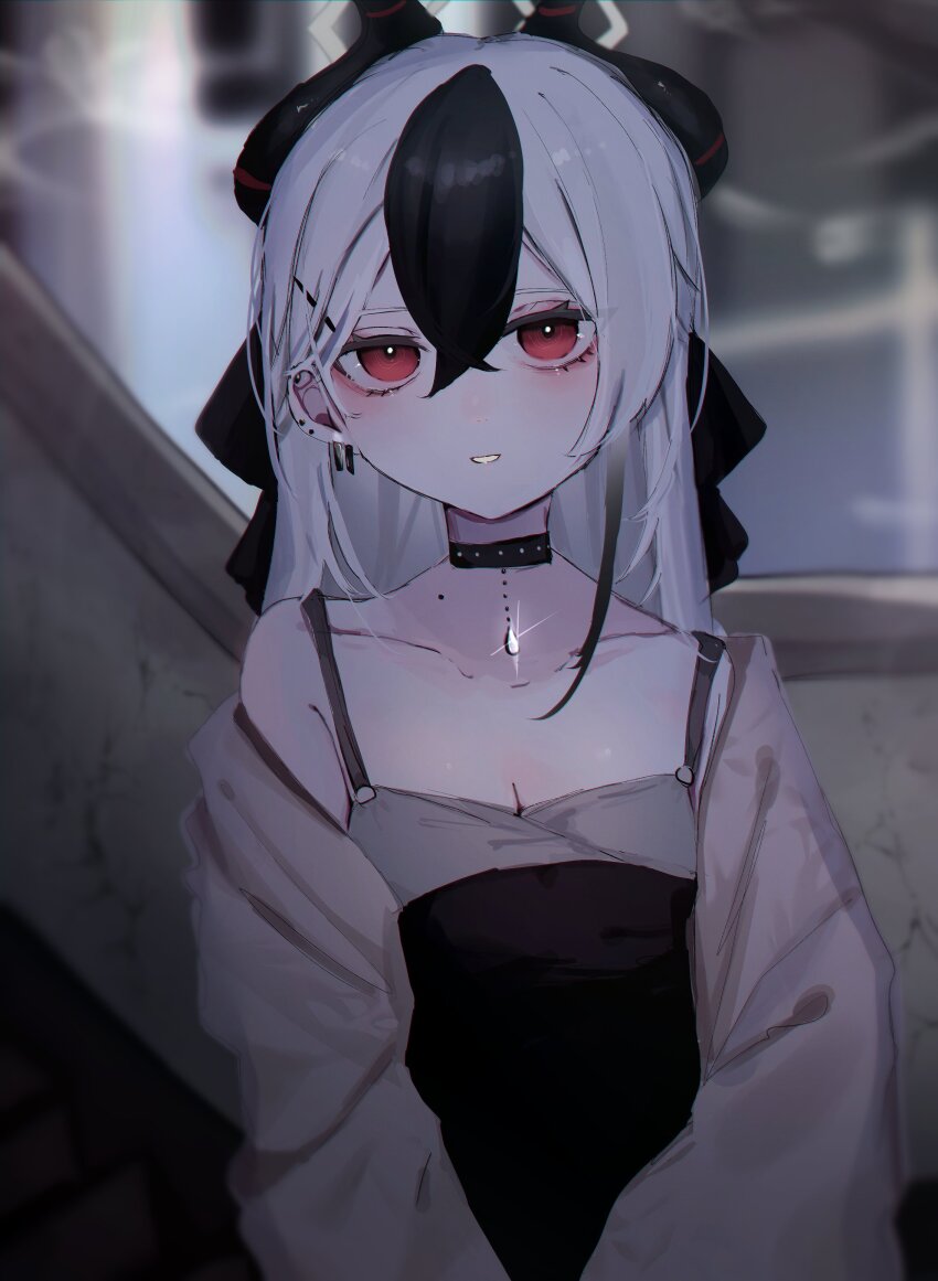 1girl, absurdres, black_choker, black_dress, black_hair, black_horns, blue_archive, blush