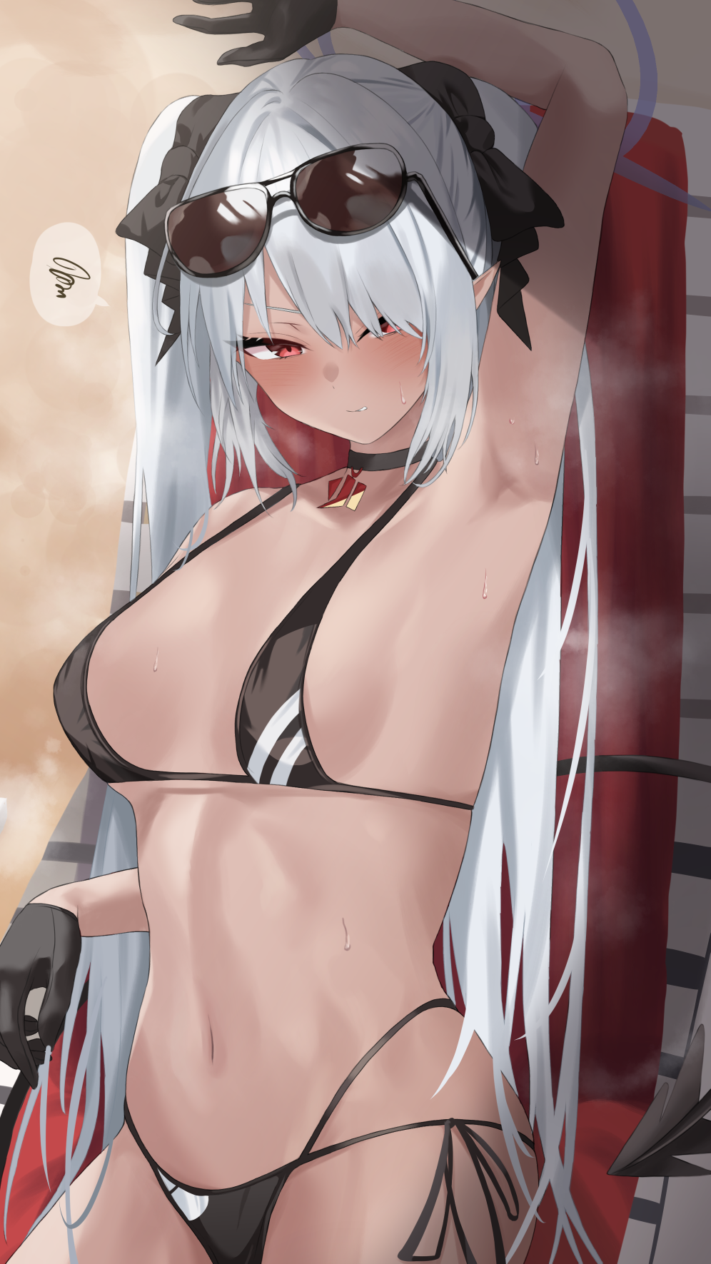 1girl, armpits, bare_arms, bare_shoulders, bikini, black_bikini, black_choker, black_tail, blue_archive, blush, breasts, chair, choker, cowboy_shot, dark-skinned_female, dark_skin, demon_tail, everchix, eyewear_on_head, grey_hair, halo, highres, iori_(blue_archive), iori_(swimsuit)_(blue_archive), long_hair, multi-strapped_bikini_bottom, navel, official_alternate_costume, on_chair, open_mouth, pointy_ears, purple_halo, red_eyes, small_breasts, solo, speech_bubble, spoken_squiggle, squiggle, sunglasses, swimsuit, tail, twintails