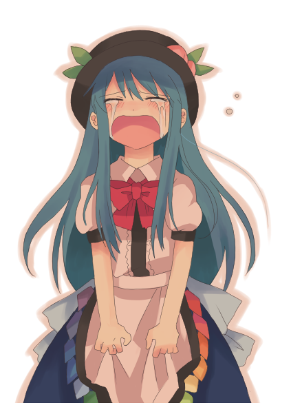 1girl, blue_hair, blush, bow, closed_eyes, crying, female_focus, food, fruit, hat, hinanawi_tenshi, long_hair, peach, ribbon, simple_background, solo, tears, touhou, uiru