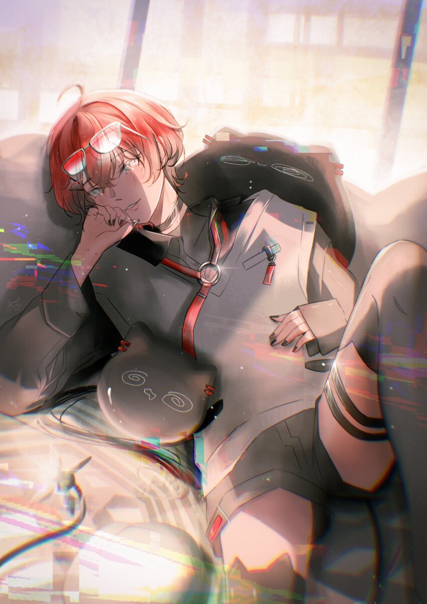 1boy, ahoge, black_choker, black_hair, black_nails, black_shorts, black_thighhighs, blush