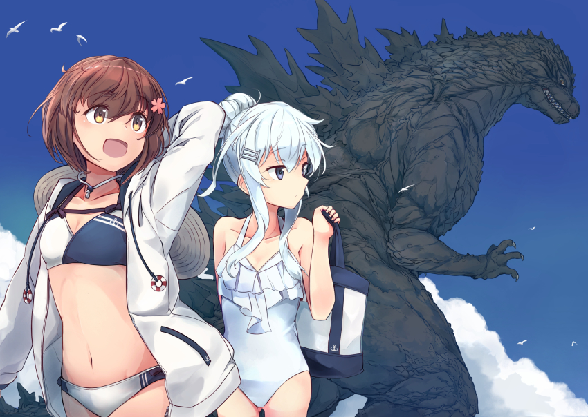 2girls, alternate_costume, bikini, blue_eyes, blue_sky, breasts, brown_eyes, brown_hair