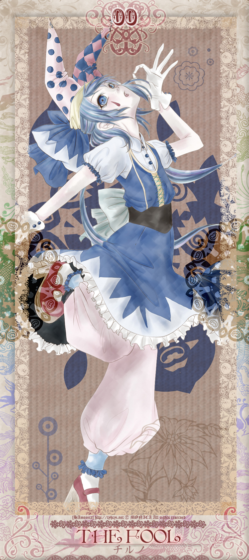 1girl, alternate_costume, bad_id, bad_pixiv_id, blue_eyes, blue_hair, card_(medium), cirno