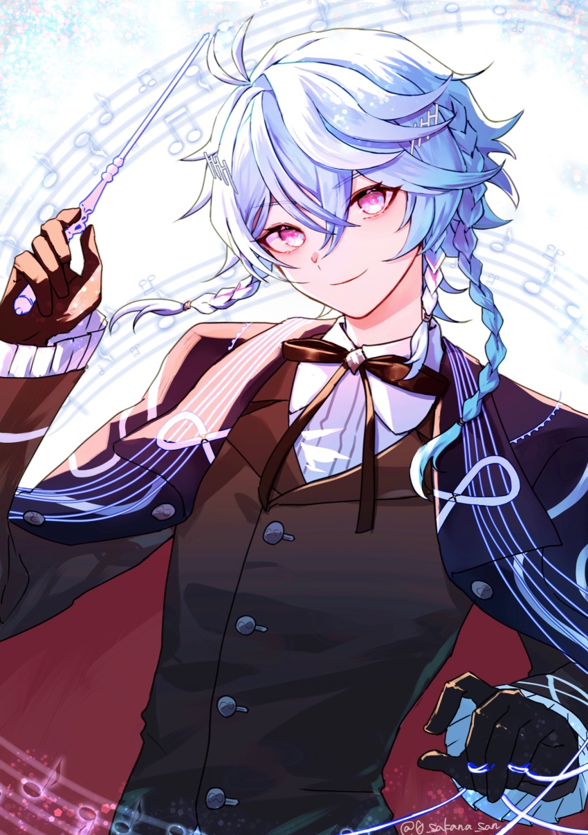 0_sakana_san, 1boy, androgynous, conductor_baton, black_gloves, blue_hair, braid, braided_bangs