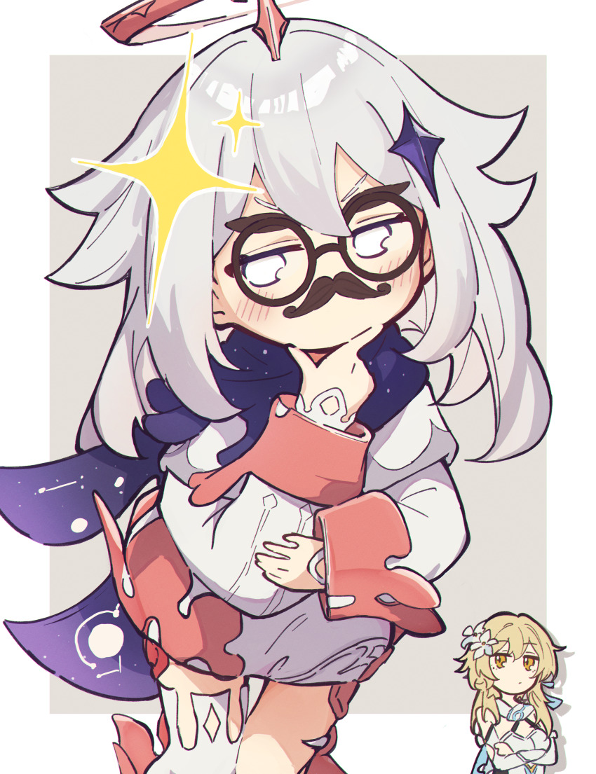 2girls, absurdres, aitekku, black-framed_eyewear, blush, border, chibi, cowboy_shot