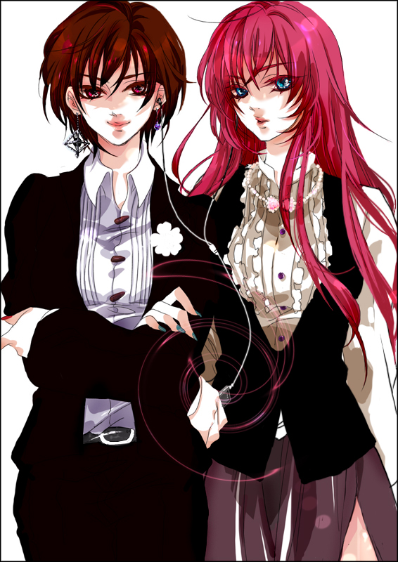 2girls, blue_eyes, caracoro, formal_clothes, lips, long_hair, megurine_luka, meiko_(vocaloid)