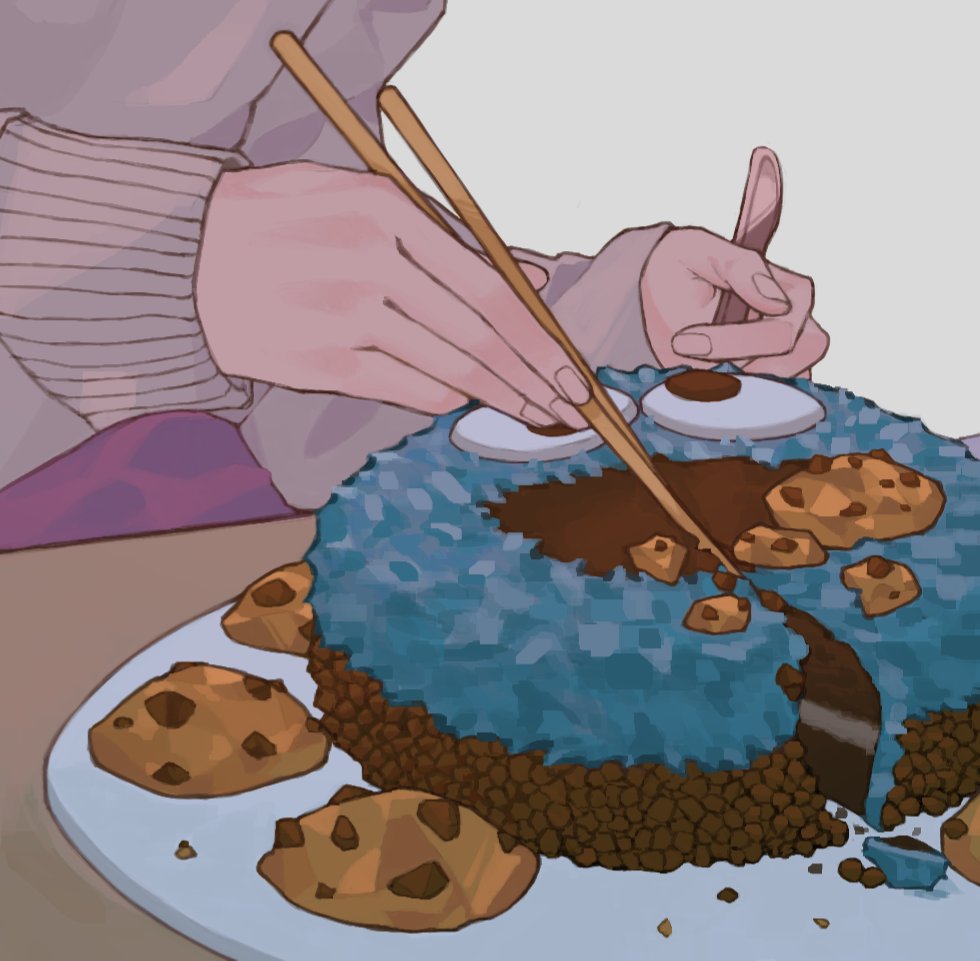 1other, ambiguous_gender, cake, chocolate_chip_cookie, chopsticks, cookie, cookie_monster, dessert, food, food_focus, grey_background, hnzw_kun, holding, holding_chopsticks, holding_spoon, original, plate, sesame_street, solo, spoon, sweater, table, wooden_table