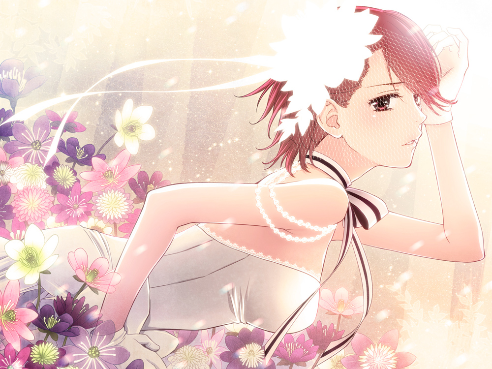 1girl, alternate_hairstyle, brown_eyes, brown_hair, dress, female_focus, flower, gloves