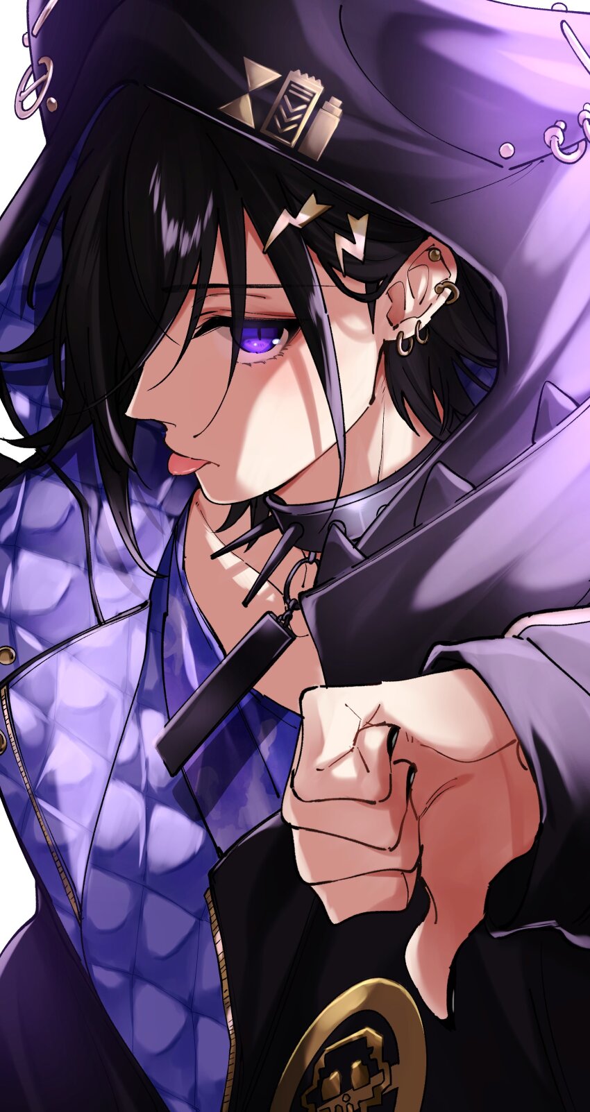 1boy, absurdres, black_hair, collar, commentary, earrings, from_side, hair_between_eyes
