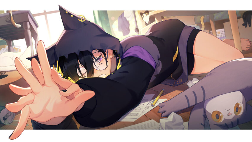 1boy, androgynous, animal_hood, barefoot, black_hair, black_nails, black_shorts, can, cat, collar, commentary, drink_can, earrings, foreshortening, full_body, glasses, guitar, hair_between_eyes, hand_focus, highres, holostars, hood, instrument, jewelry, kanade_izuru, light_particles, looking_at_viewer, male_focus, mono_(bluesky), multiple_cats, nail_polish, on_floor, one_eye_closed, open_mouth, outside_border, own_hands_together, pen, purple_eyes, reaching, reaching_towards_viewer, round_eyewear, sheet_music, short_hair, shorts, solo, spiked_collar, spikes, spread_fingers, stretching, untranslatable_commentary, thighs, virtual_youtuber, window