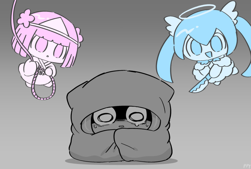 3girls, angel, blanket, blue_eyes, blue_hair, blue_ribbon, blunt_bangs, blunt_ends