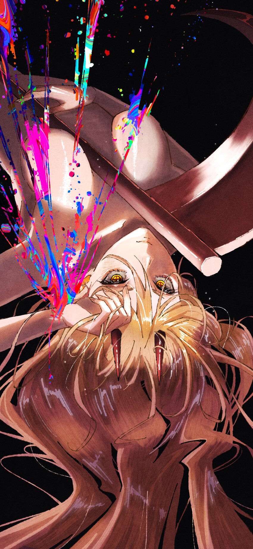 1girl, absurdres, black_background, blonde_hair, blood, breasts, censored, chainsaw_man