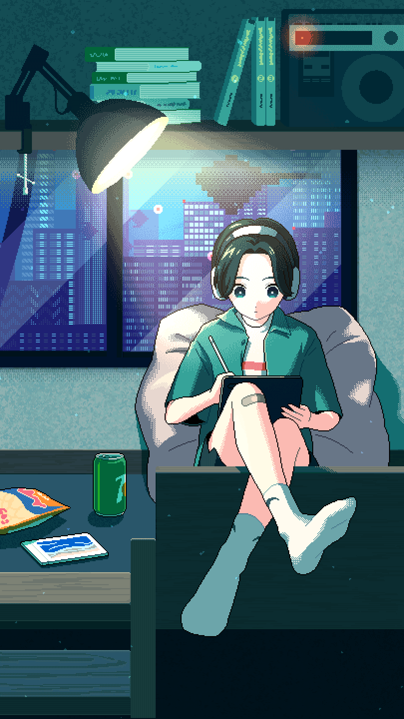 1girl, 7up, anglerfish, animated, animated_gif, bag_of_chips, bandaid, bandaid_on_knee