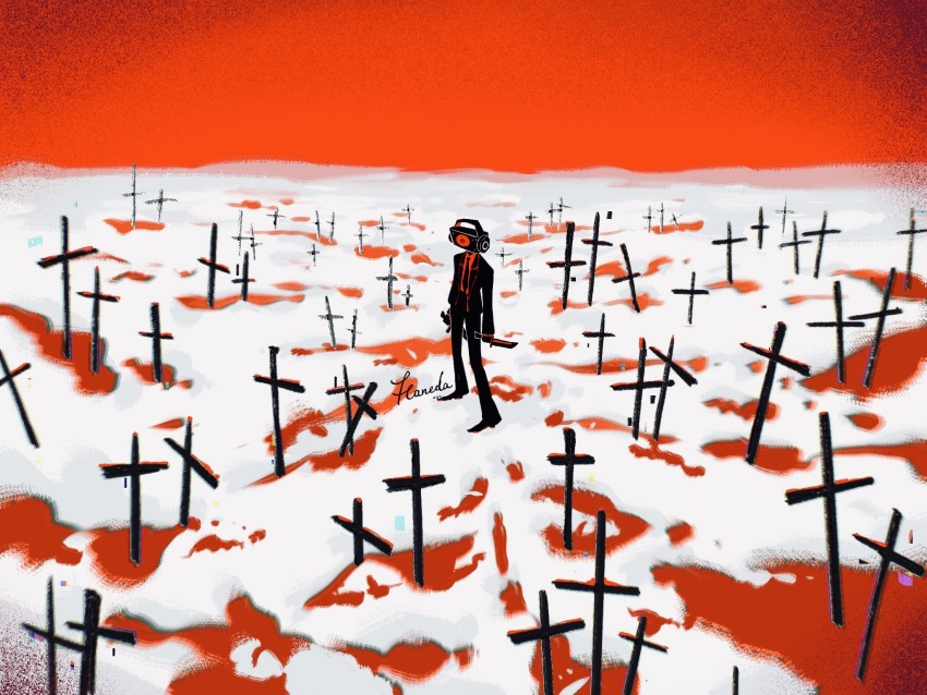 1boy, artist_name, black_necktie, black_suit, blood, blood_on_clothes, commentary, cross, dual_wielding, english_commentary, formal_clothes, full_body, hanedasama, highres, holding, holding_knife, illusion, knife, necktie, object_head, red_shirt, red_sky, shirt, skibidi_toilet_(series), sky, snow, solo, speaker, speaker_man_(skibidi_toilet), standing, suit