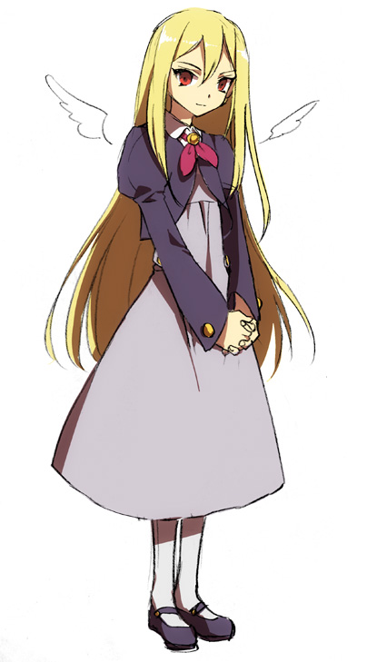 1boy, afuro_terumi, bad_id, bad_pixiv_id, blonde_hair, crossdressing, crossdressing_(mtf), fukayama, full_body, inazuma_eleven, inazuma_eleven_(series), long_hair, male_focus, modest, red_eyes, school_uniform, solo, trap, wings