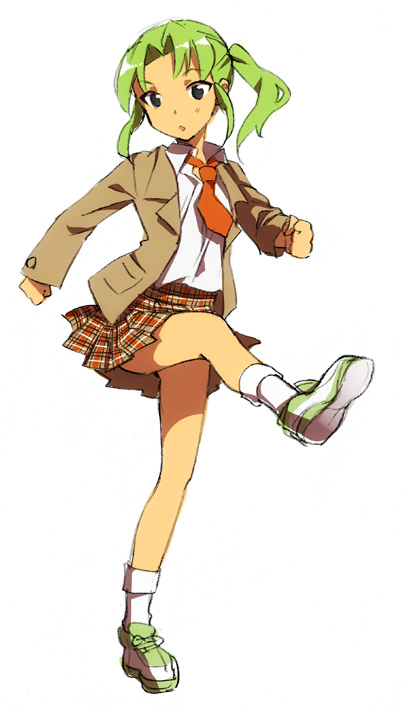 1boy, bad_id, bad_pixiv_id, crossdressing, crossdressing_(mtf), fukayama, full_body, green_hair