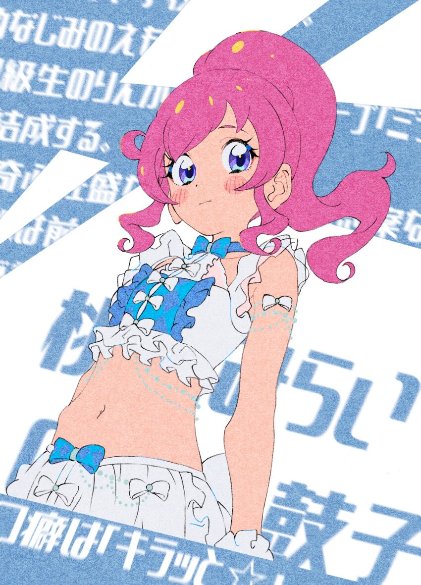 1girl, bare_shoulders, blue_background, blue_bow, blue_eyes, blush, bow, closed_mouth