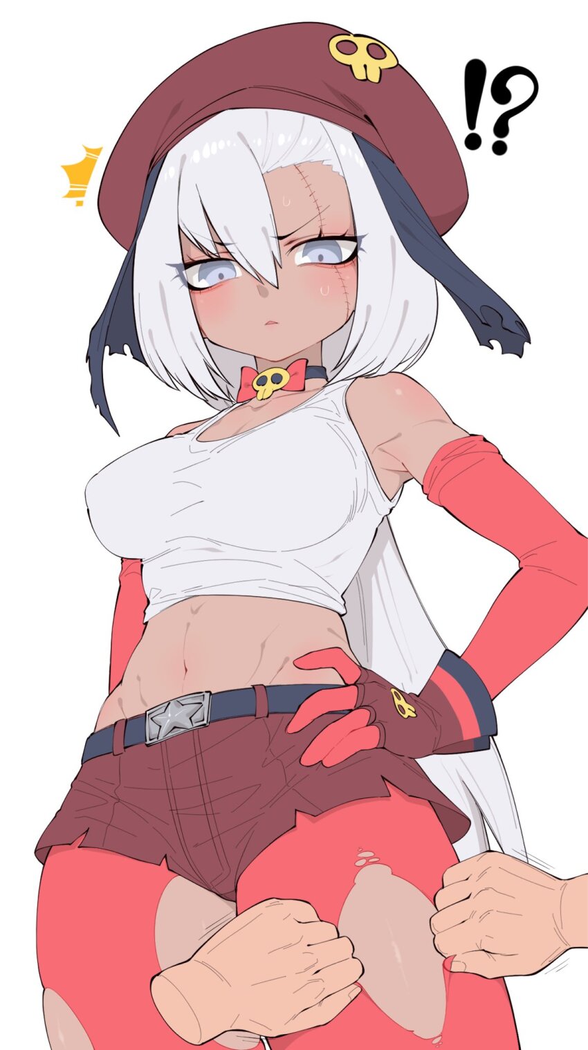 bare_shoulders, beret, black_choker, bow, bowtie, choker, cowboy_shot, crop_top, denim, denim_shorts, disembodied_hand, elbow_gloves, giroro_(kemono_friends), gloves, grey_eyes, hair_between_eyes, hat, highres, kemono_friends, kemono_friends_3, keroro_gunsou, looking_down, midriff, navel, notora, pantyhose, red_bow, red_bowtie, red_gloves, red_headwear, red_pantyhose, red_shorts, scar, scar_across_eye, scar_on_face, shirt, short_hair, short_shorts, shorts, sidelocks, sleeveless, tearing_clothes, toned, toned_female, torn_clothes, torn_pantyhose, white_hair, white_shirt