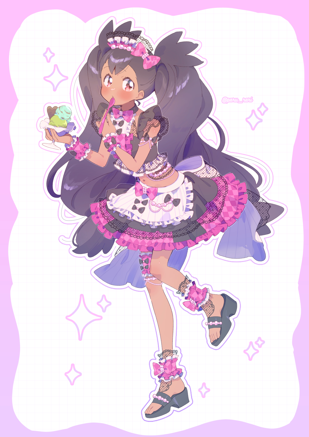 1girl, ankle_cuffs, apron, big_hair, black_hair, black_sandals, black_skirt, bow