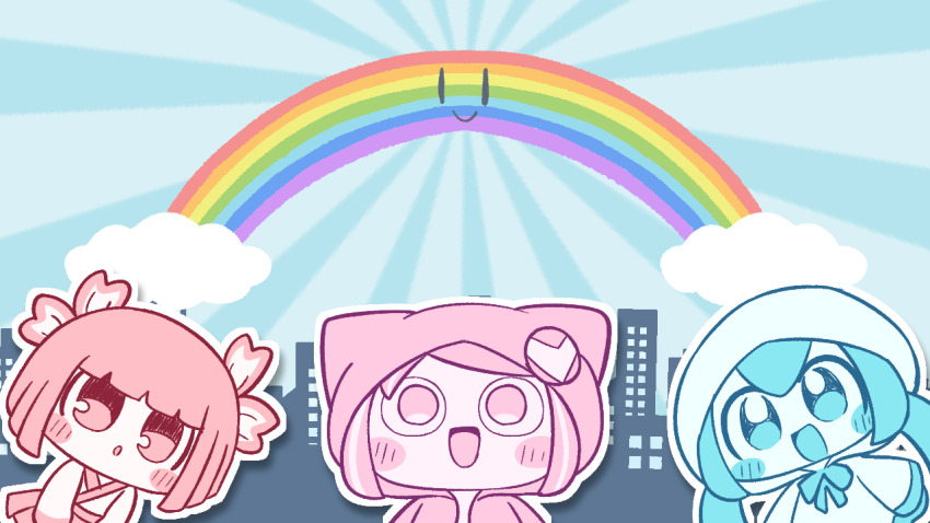 3girls, amedama_(vocaloid), aqua_eyes, aqua_hair, aqua_ribbon, aqua_trim, blue_sky, blunt_bangs, blunt_ends, blush, building, chibi, chibi_only, cloud, day, dress, hair_between_eyes, hair_ribbon, hairpods, hatsune_miku, hood, hood_up, hooded_dress, hooded_jacket, jacket, japanese_clothes, kimono, long_hair, long_sleeves, looking_up, multiple_girls, no_eyebrows, no_pupils, open_mouth, outdoors, outline, pepoyo, pink_eyes, pink_hair, pink_jacket, poyopep, poyoroid, poyoroid_(mania), rainbow, red_eyes, red_hair, red_ribbon, red_skirt, red_trim, ribbon, short_hair, skirt, sky, smile, swept_bangs, twintails, utau, vocaloid, vy1, white_dress, white_outline, white_ribbon