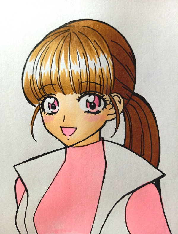 1girl, bakuage_sentai_boonboomger, kwai_chi, light_brown_hair, pink_eyes, pink_shirt, shifuto_mira, shirt