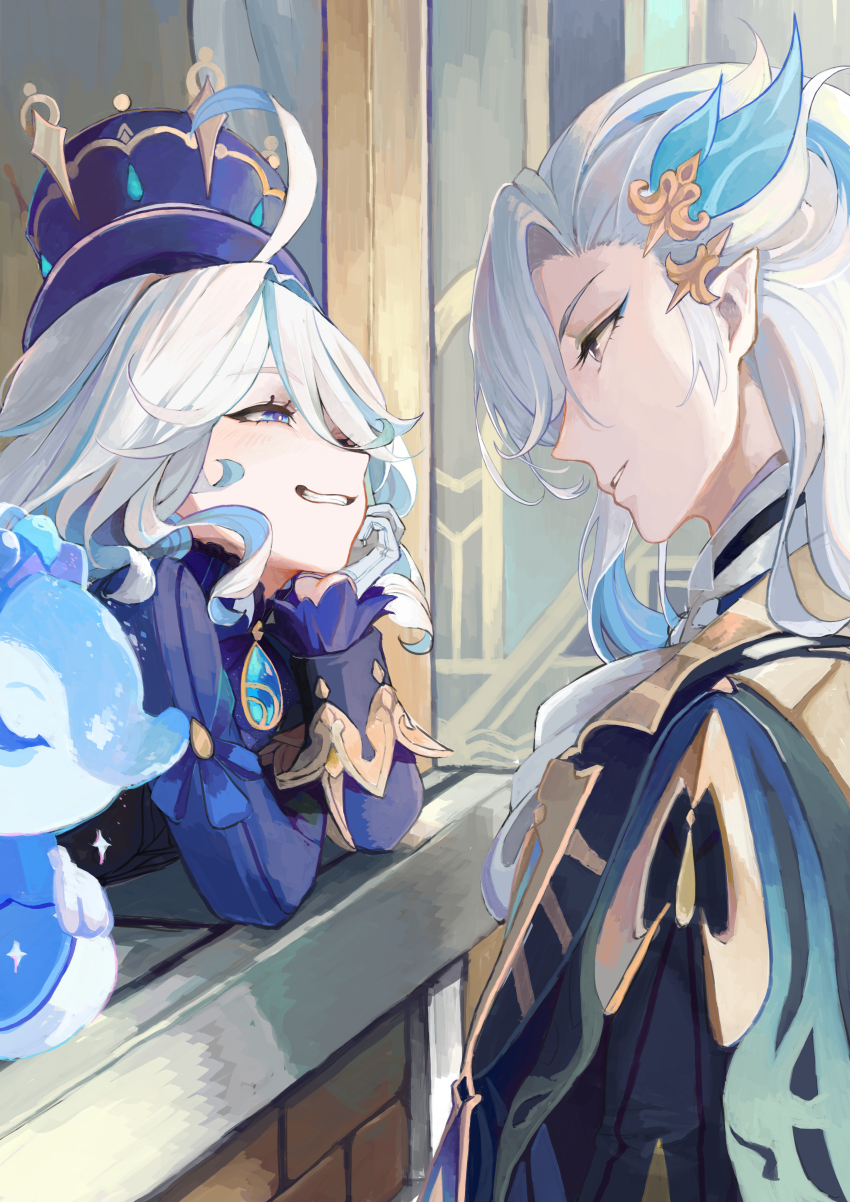 1boy, 1girl, absurdres, ahoge, blue_eyes, blue_headwear, blue_jacket, chikushi_azu