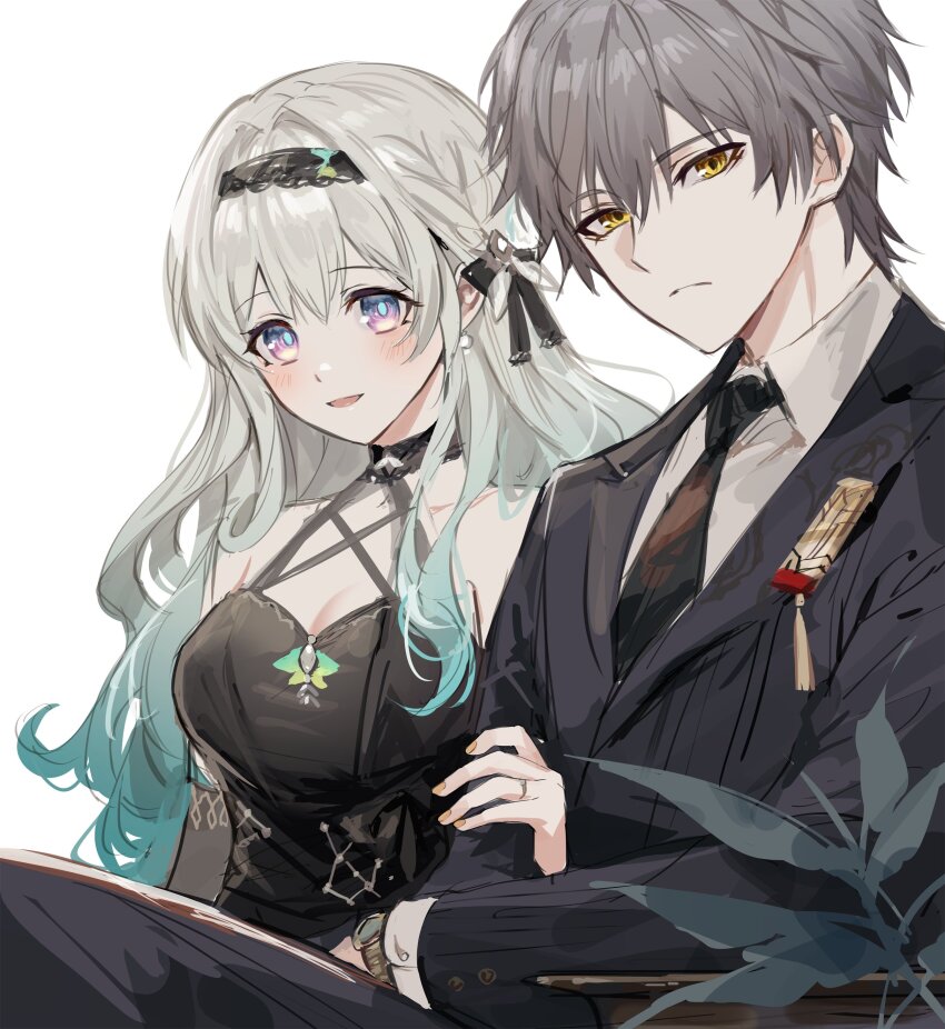 1boy, 1girl, :d, absurdres, bare_shoulders, black_bow, black_dress, black_hairband