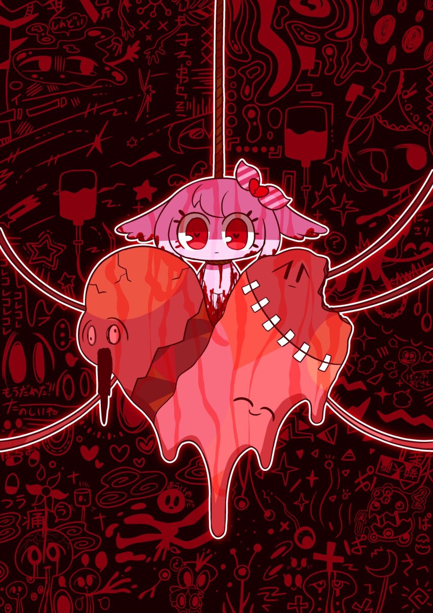 1girl, abstract_background, blood, blood_on_body, blood_on_face, bow, chibi, chibi_only, closed_mouth, colored_skin, dendenshindenzu_(vocaloid), hair_bow, heart, heart-shaped_pupils, highres, looking_at_viewer, noose, original, partially_shaded_face, pepoyo, pink_hair, pink_skin, poyopep, red_bow, red_eyes, shinde-chan, short_hair, solo, standing, symbol-shaped_pupils