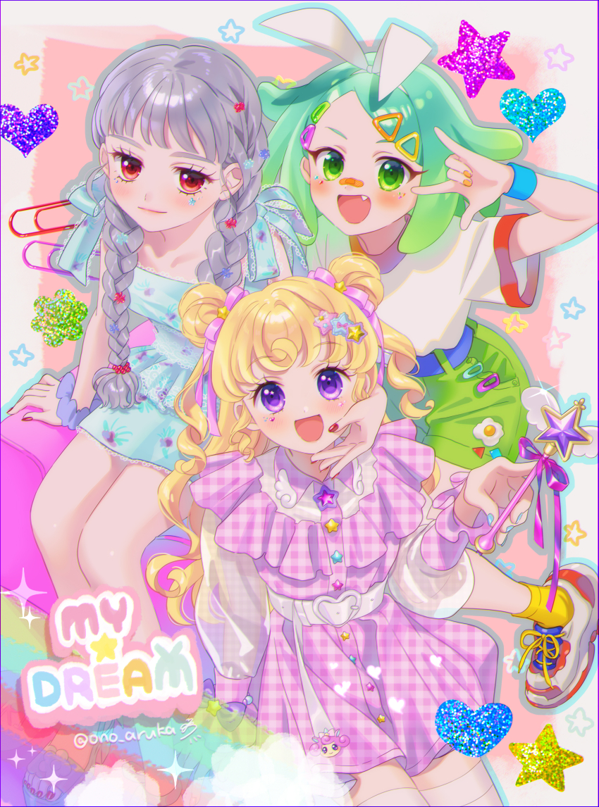 3girls, :d, absurdres, bandaid, bandaid_on_face, bandaid_on_nose, belt, blonde_hair