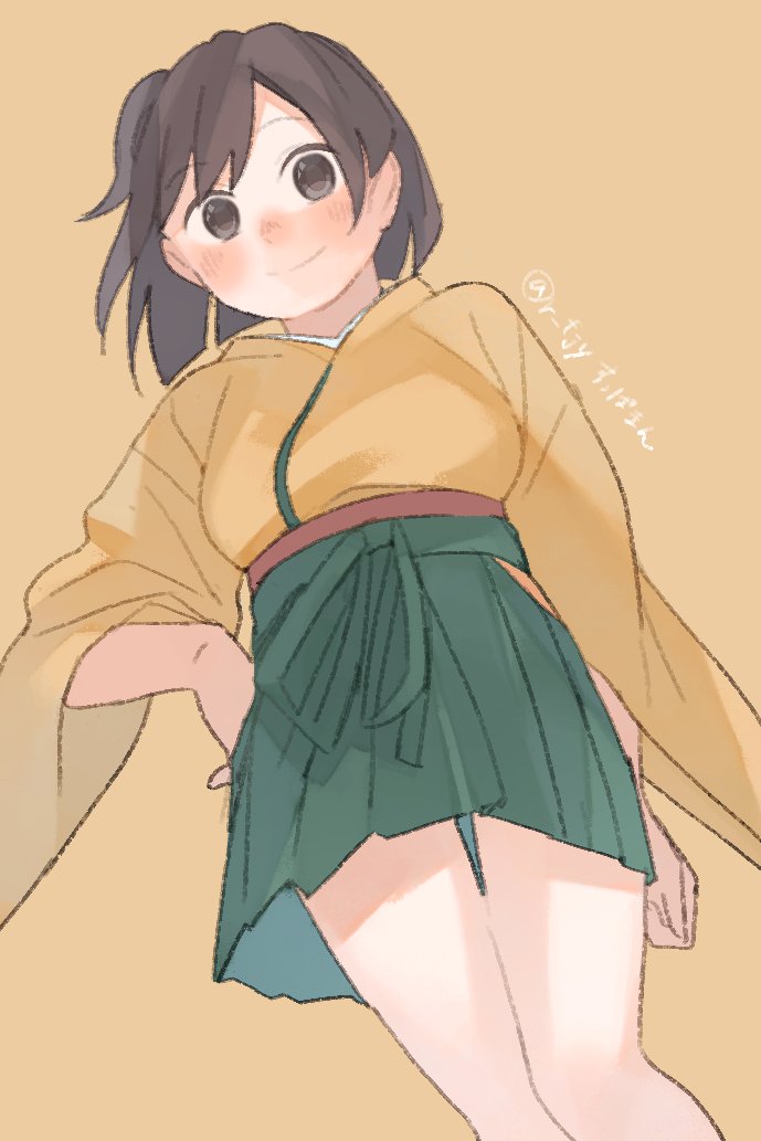 1girl, black_hair, brown_background, brown_eyes, feet_out_of_frame, from_below, green_hakama, hakama