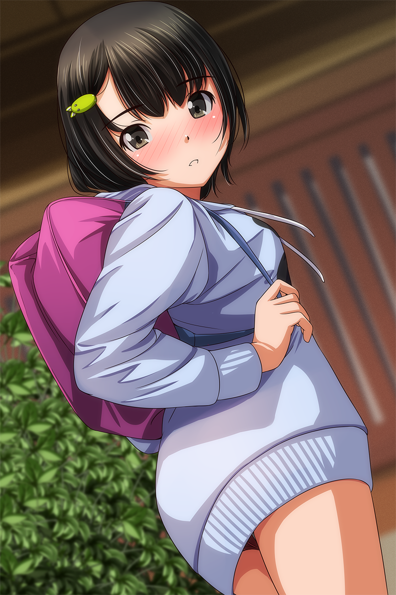 1girl, animal_hair_ornament, ass, backpack, bag, black_hair, black_panties, blue_hoodie