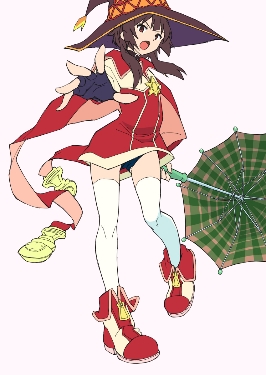 1girl, animal_collar, black_collar, black_gloves, black_hat, black_panties, brooch, brown_hair, cape, collar, commentary, cosplay, dress, fingerless_gloves, frown, full_body, gloves, green_umbrella, hat, highres, holding, holding_umbrella, jewelry, kono_subarashii_sekai_ni_shukufuku_wo!, lilka_eleniak, lilka_eleniak_(cosplay), looking_at_viewer, megumin, open_mouth, panties, pantyshot, red_cape, red_dress, red_eyes, red_shoes, ryoumoto_hatsumi, shoes, short_dress, short_hair_with_long_locks, simple_background, solo, standing, star_brooch, thighhighs, umbrella, underwear, white_background, white_thighhighs, wild_arms, wild_arms_2, witch_hat
