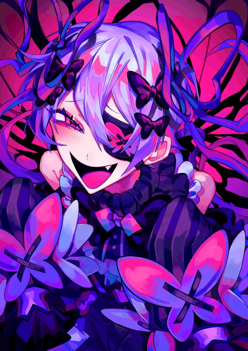 1girl, aegyo_sal, bare_shoulders, black_bow, black_shirt, black_sleeves, bow, buttons, child, cran_(himanemuitoma), cross-laced_clothes, cross-laced_sleeves, detached_sleeves, eyepatch, fang, frills, hair_bow, hair_ribbon, highres, himanemuitoma, long_sleeves, multiple_hair_bows, narrowed_eyes, one_eye_covered, open_mouth, original, pink_background, pink_bow, pink_eyes, purple_hair, purple_ribbon, ribbon, shirt, short_hair, sleeves_past_fingers, sleeves_past_wrists, smile, solo, striped_clothes, striped_sleeves, symbol-shaped_pupils, turtleneck, vertical-striped_sleeves