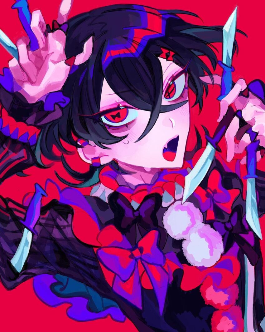 1boy, aegyo_sal, arm_up, between_fingers, black_bow, black_hair, black_shirt, bow, crossed_bangs, fang, frilled_sleeves, frills, hair_bow, highres, himanemuitoma, holding, holding_knife, knife, knives_between_fingers, long_sleeves, looking_at_viewer, medium_hair, mismatched_pupils, neck_ruff, open_mouth, original, pom_pom_(clothes), ras_(himanemuitoma), red_background, red_bow, red_eyes, red_pom_poms, red_trim, shirt, skin_fang, solo, striped_clothes, striped_sleeves, sweat, symbol-shaped_pupils, tongue, upper_body, v-shaped_eyebrows, vertical-striped_clothes, vertical-striped_sleeves, white_pom_poms
