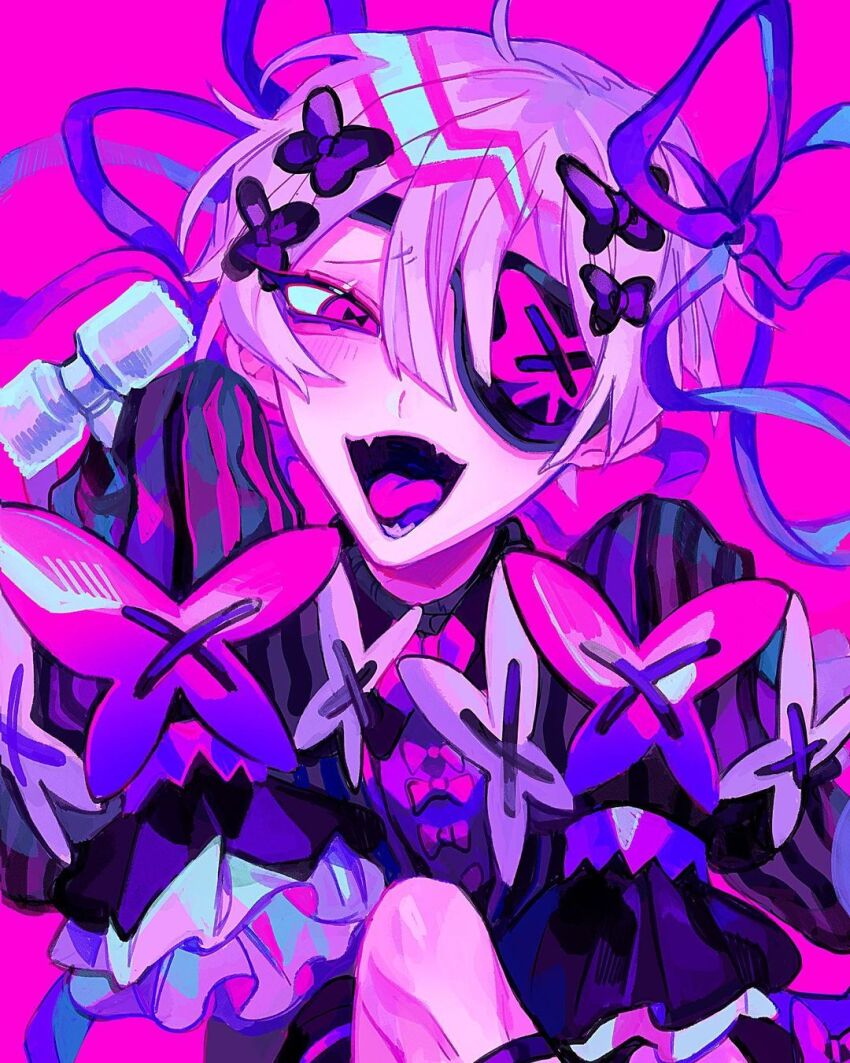 1girl, aegyo_sal, black_bow, black_shirt, bow, child, cran_(himanemuitoma), cross-laced_clothes, cross-laced_sleeves, eyepatch, fangs, frills, hair_between_eyes, hair_bow, hair_ribbon, highres, himanemuitoma, knee_up, long_sleeves, multiple_hair_bows, one_eye_covered, open_mouth, original, pink_background, pink_bow, pink_eyes, pink_hair, purple_ribbon, ribbon, shirt, short_hair, sitting, skin_fangs, sleeves_past_fingers, sleeves_past_wrists, solo, striped_clothes, striped_sleeves, symbol-shaped_pupils, tongue, turtleneck, vertical-striped_clothes, vertical-striped_sleeves