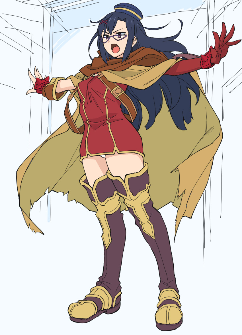 1girl, asymmetrical_gloves, belt, black-framed_eyewear, black_hair, blue_hat, brown_belt, brown_cape, brown_gloves, cape, commentary, cosplay, dress, elbow_gloves, fingerless_gloves, frown, full_body, glasses, gloves, hair_ornament, hat, highres, kanon_(wild_arms_2), kanon_(wild_arms_2)_(cosplay), kono_subarashii_sekai_ni_shukufuku_wo!, long_hair, looking_at_viewer, microdress, mismatched_gloves, open_mouth, outstretched_arms, panties, pantyshot, pencil_dress, purple_eyes, red_dress, ryoumoto_hatsumi, sena_(konosuba), solo, spread_arms, standing, torn_cape, torn_clothes, underwear, white_panties, wild_arms, wild_arms_2, x_hair_ornament