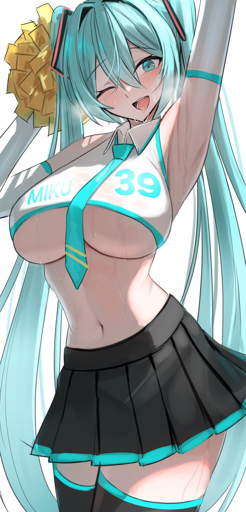 1girl, 39, alternate_breast_size_(larger), alternate_costume, aqua_eyes, aqua_hair, aqua_necktie, armpits