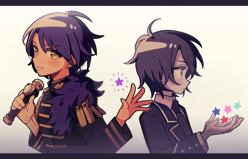 2boys, 5.5, aged_down, black_jacket, blue_hair, collared_shirt, commentary_request, dual_persona