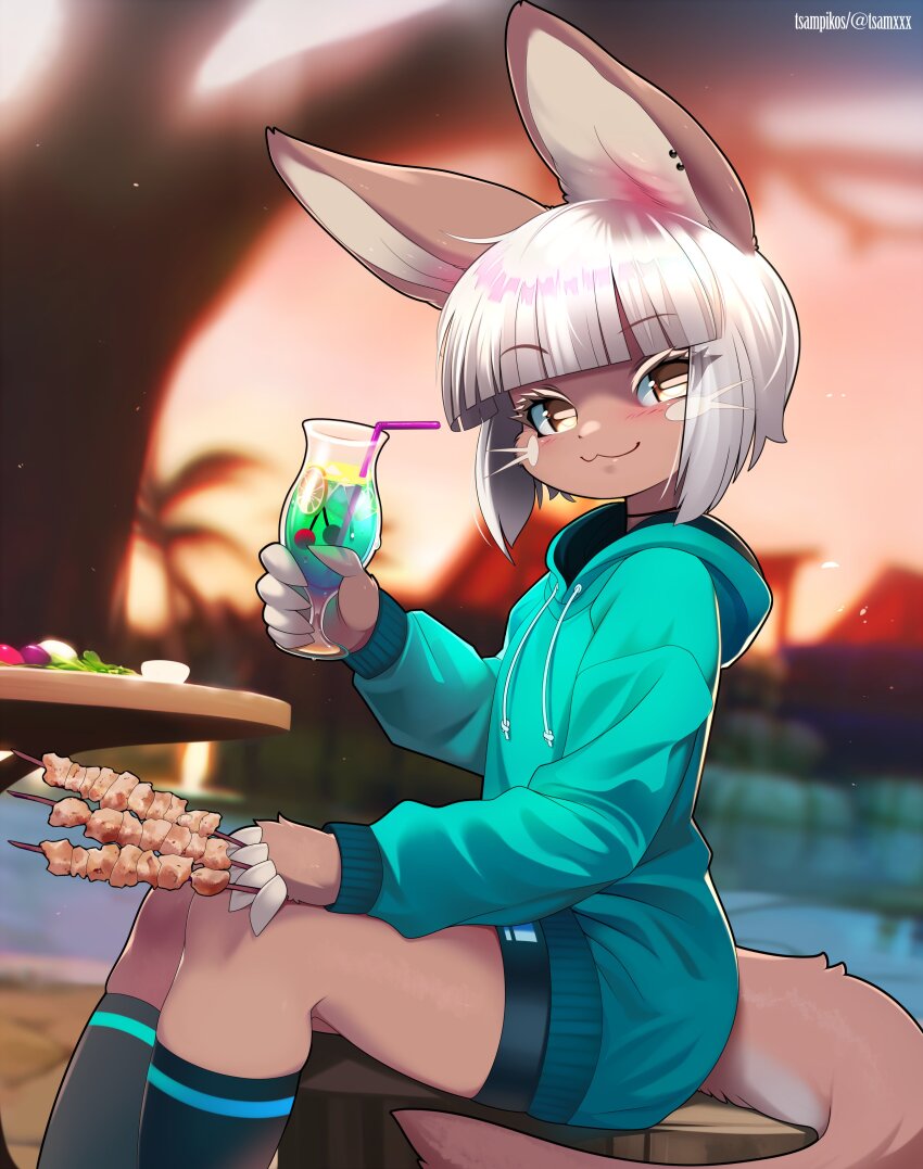 1other, 2023, absurdres, drink, brown_fur, cherry, claws, food, fruit, furry, furry_other, highres, jacket, looking_at_viewer, made_in_abyss, nanachi_(made_in_abyss), sitting, smile, socks, straw, tsampikos, white_hair