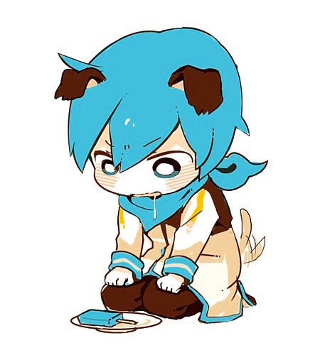 1boy, 8'108, animal_ears, blue_eyes, blue_hair, blush, chibi, dog_ears