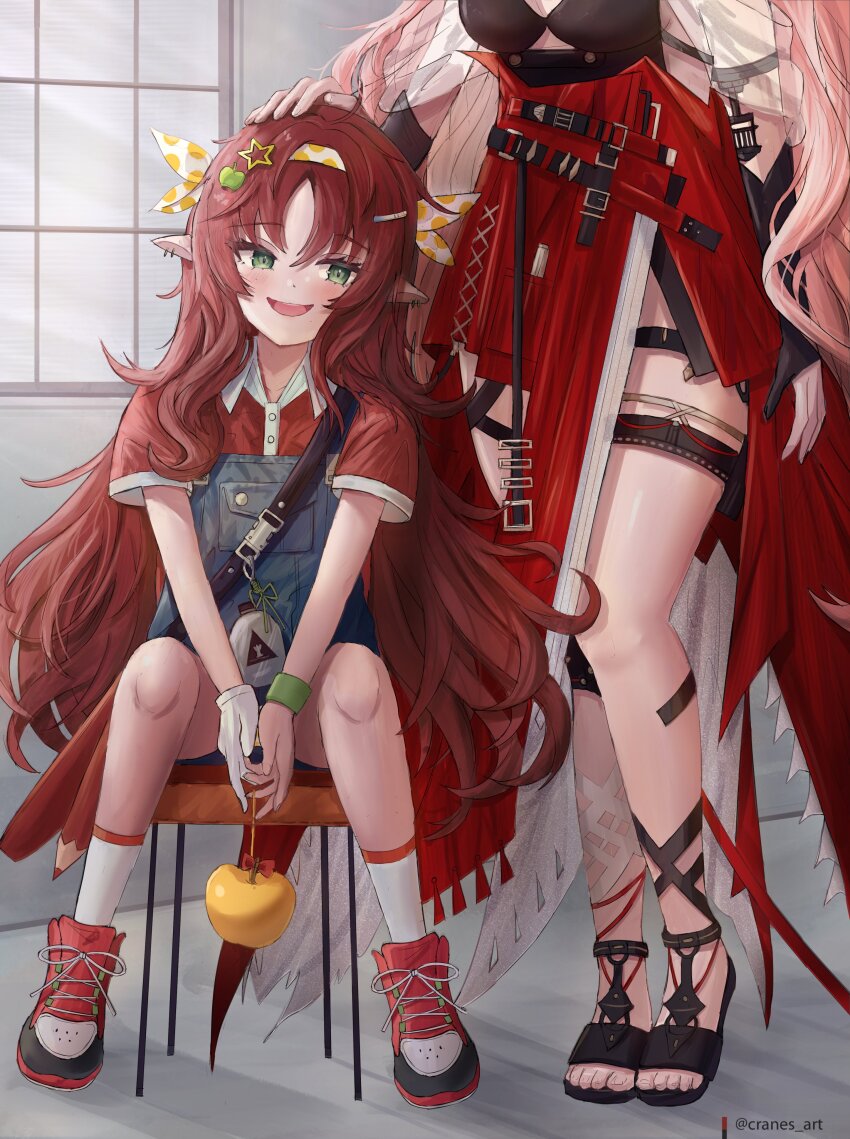 2girls, absurdres, apple, arknights, chair, collared_shirt, cranes_(hiroro1), dress