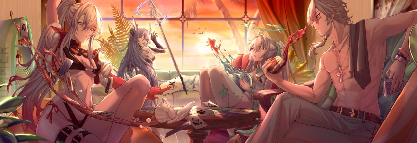 1boy, 3girls, abs, adhesive_bra, alpha:_crimson_weave_(pgr), alpha_(pgr), antenna_hair, aqua_hair