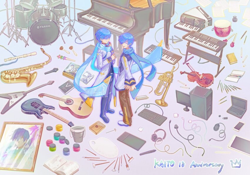 2boys, accordion, acoustic_guitar, adjusting_clothes, anniversary, aqua_background, arms_behind_back, belt, bibika_0803, black_belt, black_footwear, black_pants, black_sweater, blue_eyes, blue_hair, blue_scarf, boots, bow_(music), brown_pants, cable, cellphone, character_name, charger, coat, computer, computer_keyboard, computer_mouse, drawing_tablet, drum, drum_set, dual_persona, earbuds_charging_case, electric_guitar, face-to-face, flute, gradient_background, grey_background, guitar, hand_on_own_arm, happy, harmonica, headphones, highres, inkwell, instrument, instrument_request, kaito_(vocaloid), kaito_(vocaloid3), keyboard_(instrument), knee_boots, laptop, male_focus, marker, microphone, monitor, multicolored_coat, multiple_boys, nib_pen_(object), notebook, paint_can, paintbrush, painting_(object), paint_palette, pants, parted_lips, partially_unzipped, pen, pencil, phone, piano, piano_bench, picture_frame, portrait_(object), profile, saxophone, scarf, see-through_clothes, see-through_scarf, shoes, sideways_glance, simple_background, single_horizontal_stripe, single_vertical_stripe, sketchbook, smartphone, standing, stylus, sweater, synthesizer, tablet_pc, taiko_drum, triangle_(instrument), trumpet, turtleneck, turtleneck_sweater, two-tone_coat, violin, vocaloid, white_coat, white_footwear, wide_shot