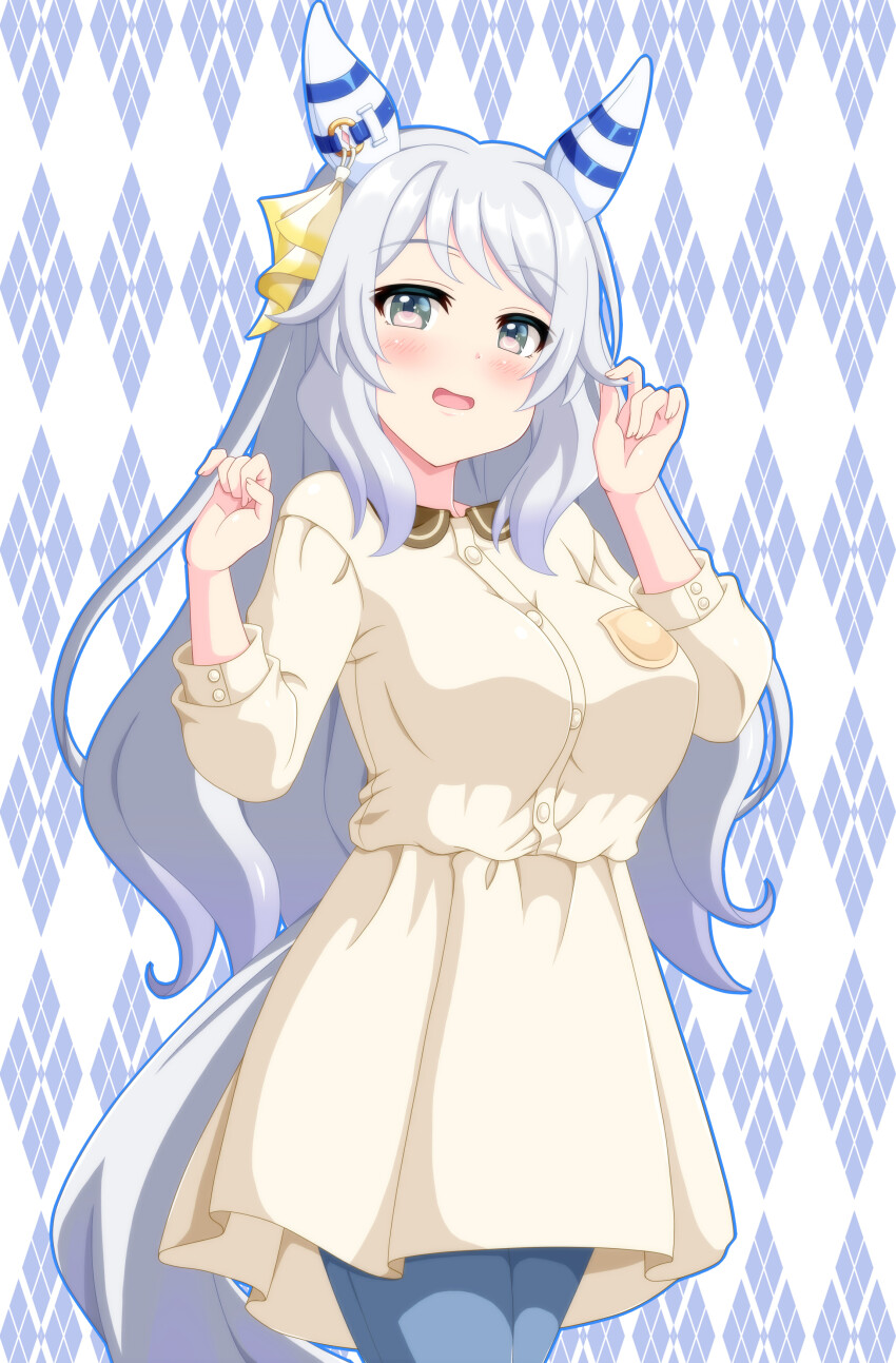 1girl, absurdres, alternate_costume, alternate_hair_length, alternate_hairstyle, animal_ears, argyle_background, argyle_clothes