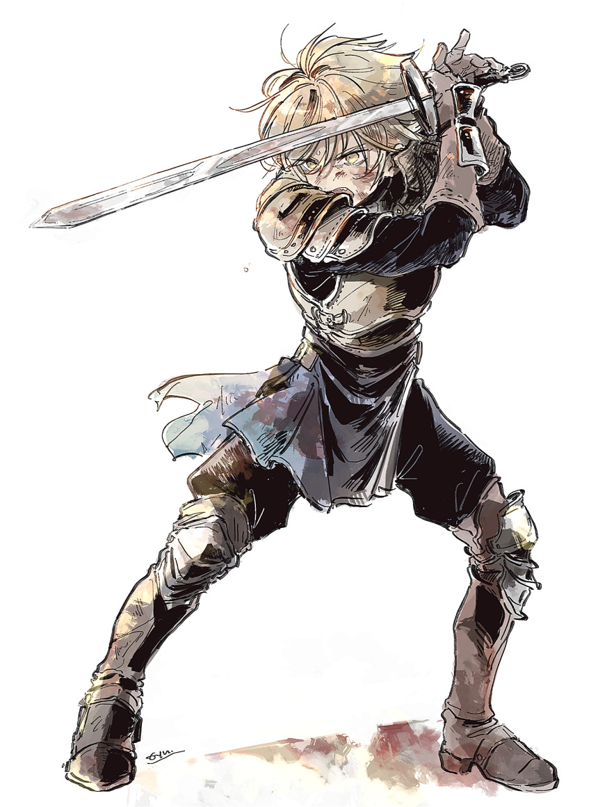 1boy, armor, black_pants, blonde_hair, blood, blood_on_face, boots, breastplate